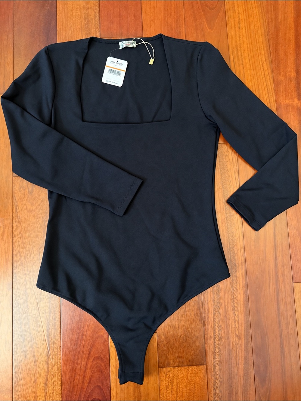 Free People Black Long-Sleeve Square Neck Bodysuit